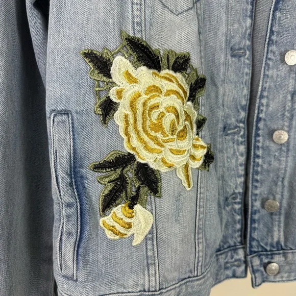 Express Women's Light Blue Distressed Denim Jacket with Floral Embroidery | XL - Picture 4 of 10